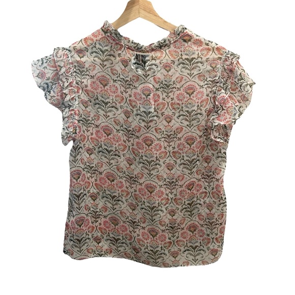 MISA Basia Sheer Chiffon Blockprint Flutter Sleeve Tassel Tie Split Neck Top - Picture 4 of 7